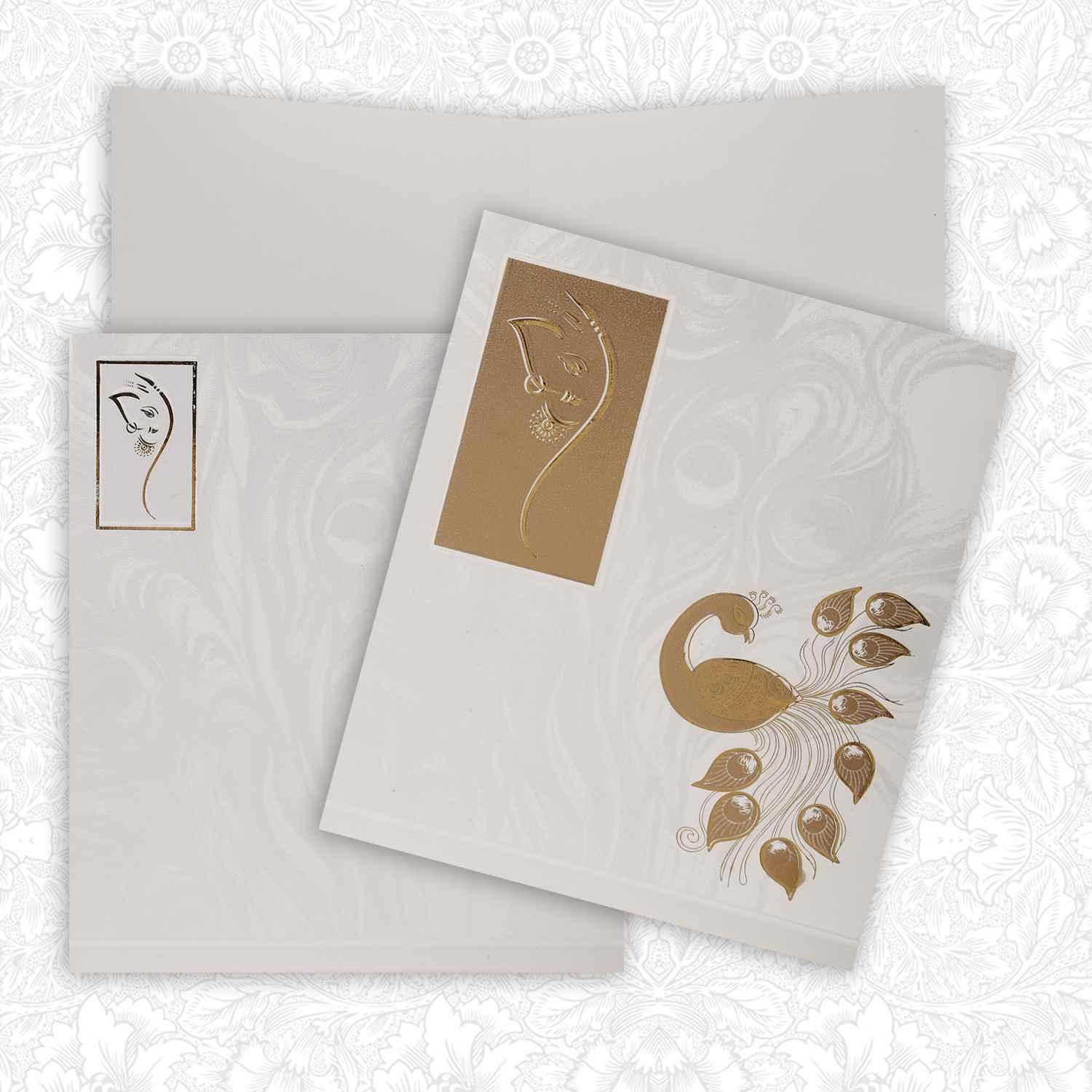 Gold Foiling Ganesha With Peacock Theme Wedding Card - KNK2778-3
